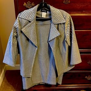 3 piece gray denim skirt suit